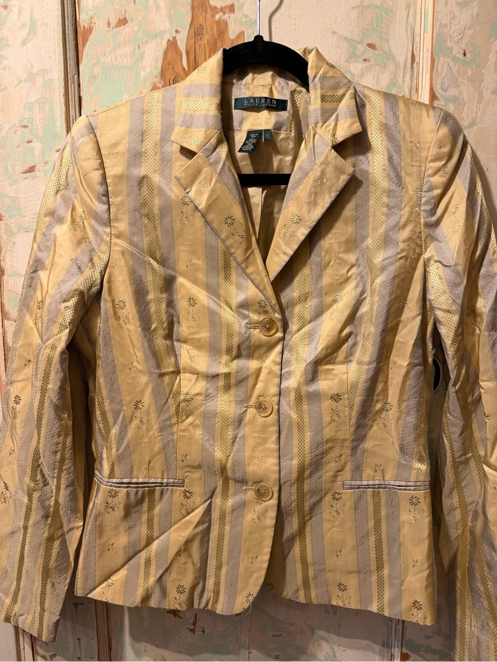 Lauren Ralph Lauren 100% Silk butter yellow Striped Floral Blazer Size 4